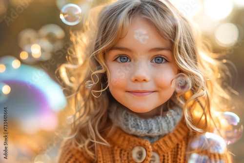 Cute little girl enjoying playing with soap bubbles while playing outdoors. Happy childhood concept