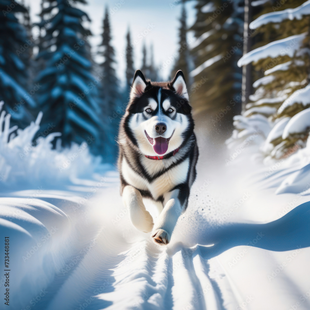 Alaskan Malamute in the snow. Purebred Malamute runs in the snowy forest. Generative AI Alaskan Malamute in the snow. Purebred Malamute runs in the snowy forest. Generative AI