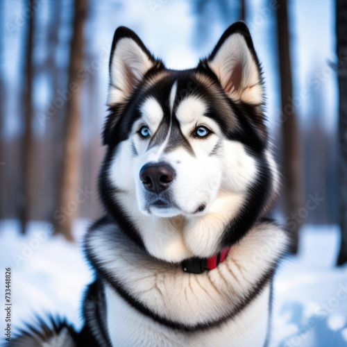 Alaskan Malamute in the snow. Purebred Malamute in the snowy forest. Generative AI