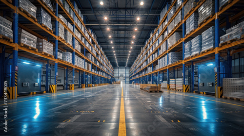 High-tech warehouse, close up shot, with a high level of electronics, equipped to store and sort goods