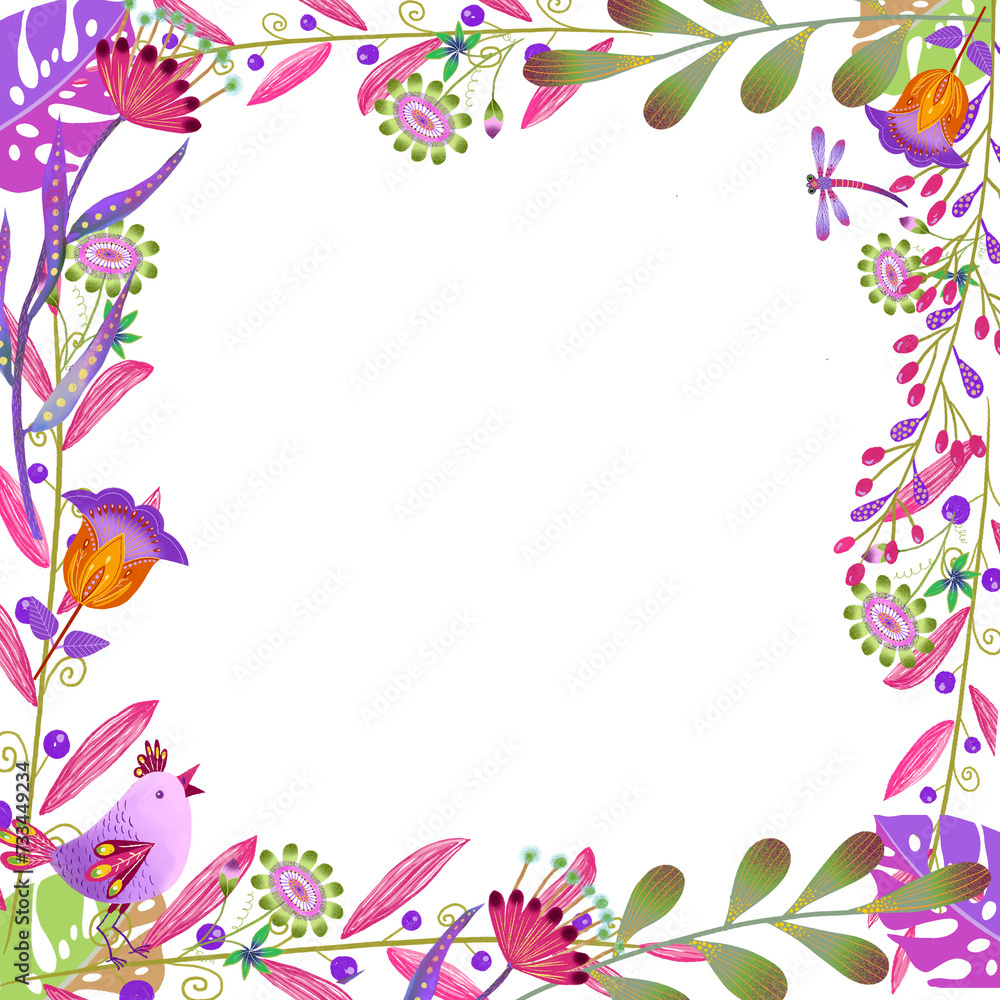 Frame of pink and green flat flowers ,cartoon bird ,Dragonfly,flowers 