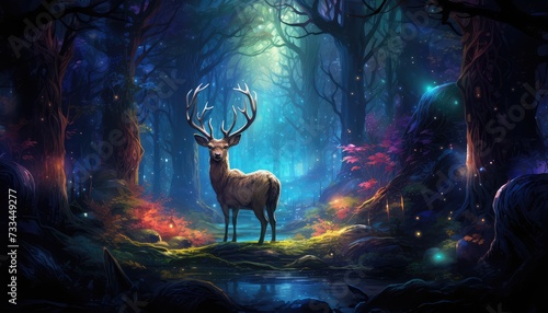 Fantasy forest with deer in the mist.