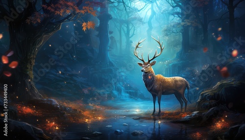 Fantasy forest with deer in the mist. © Rehman