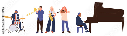 Diverse people musicians cartoon character playing different musical instruments in jazz group