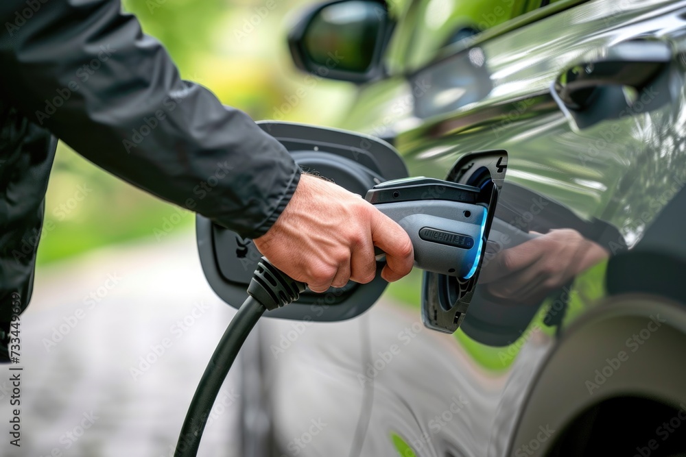 Driver charges electric car with electrical connector. Driver charges electric car with electrical connector.