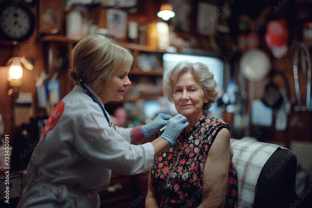 A doctor visiting her patient at home and giving a flu vaccine.