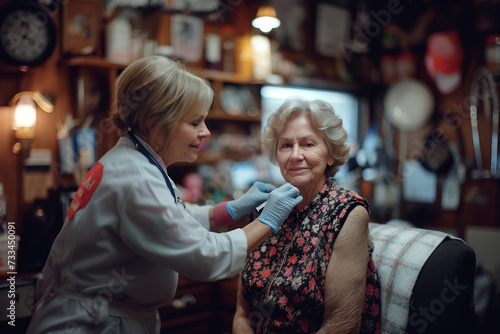 A doctor visiting her patient at home and giving a flu vaccine.
