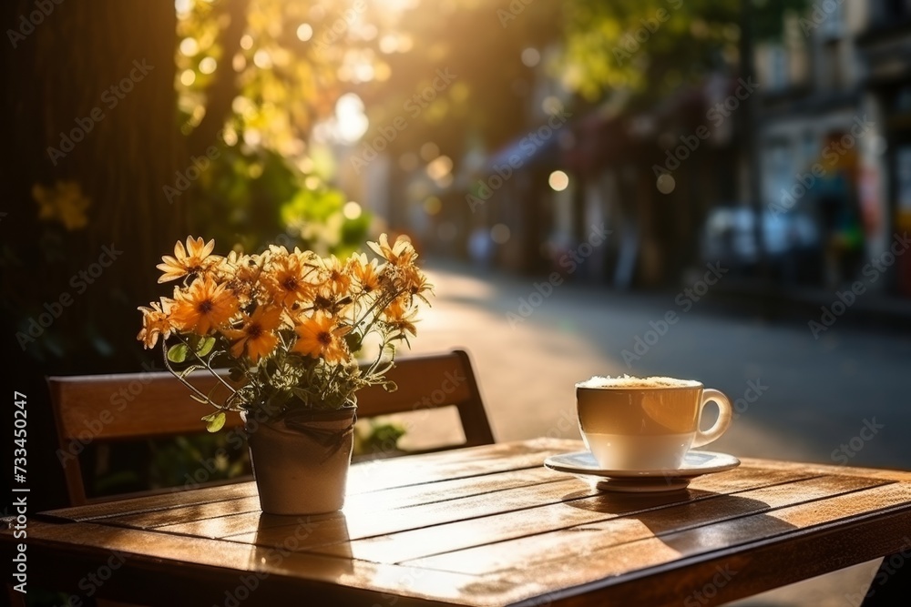 Charming morning view. coffee cup on table in old city streets adorned with lush blooming flowers Charming morning view. coffee cup on table in old city streets adorned with lush blooming flowers