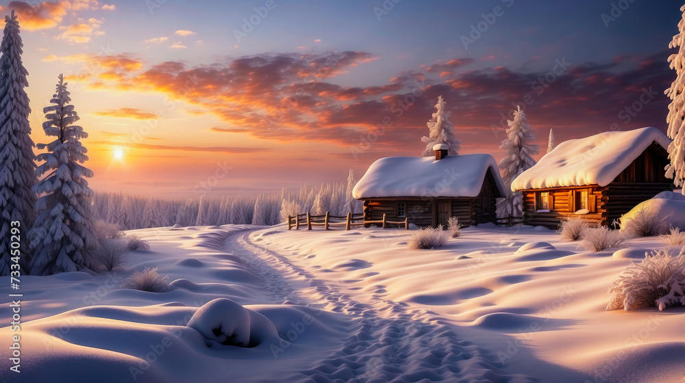 Winter scene with huts in the middle of snowy mountains at sunset. Generative ai