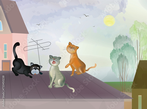 Three cats group - a black, red and gray cat yells on the roof of a house in a small town against the backdrop of trees, a blue sky with the sun and birds. Vector cartoon drawing in watercolor style.