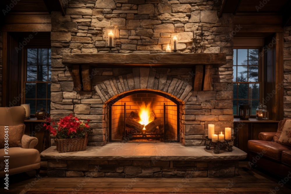 Cozy rustic fireplace with burning firewood creates a warm and inviting ambiance Cozy rustic fireplace with burning firewood creates a warm and inviting ambiance