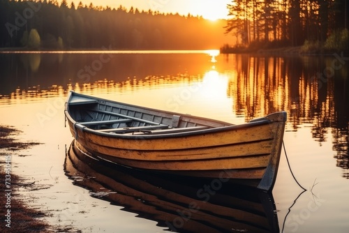 Tranquil reflections. wooden boat on peaceful lake at dawn, serene nature scenic beauty © Daria