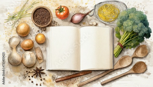 Blank cookbook for recipes with white empty pages, around vegetables and wooden tools