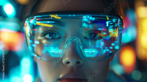 Closeup of Asian woman experiencing augmented reality wearing AR glasses, mixed-reality headset, virtual reality goggles, transparent smart glasses, closeup of VR wearables, spatial computing screens photo