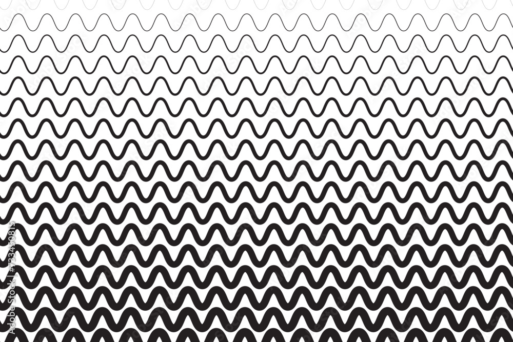 Horizontal wavy lines of different thicknesses. Background with black and white undulate pattern. Parallel curved stripes texture. Sea, ocean, river minimalistic graphic print. Vector illustration Horizontal wavy lines of different thicknesses. Background with black and white undulate pattern. Parallel curved stripes texture. Sea, ocean, river minimalistic graphic print. Vector illustration