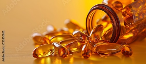 Omega 3 fish oil capsules spilled, plastic bottle, gradient background, medical food supplements, unsaturated fatty acid. photo