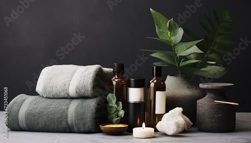 Spa composition with aromatic oils and towels on table against dark background
