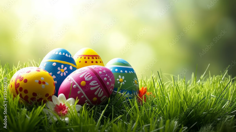 Hand painted Easter eggs on a clearing of fresh green grass, with rays of spring sunlight Hand painted Easter eggs on a clearing of fresh green grass, with rays of spring sunlight