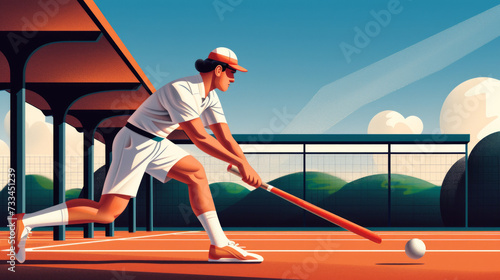 Illustration of a baseball player hitting a ball with a baseball bat during a game