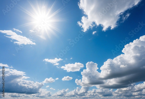 The sky has the light of the sun, the sky is blue, there are small and large clouds alternating and moving slowly, with the sunlight passing, creating a miraculous abstract shape, a hot day.. High