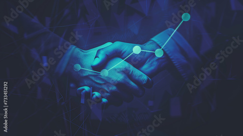 A business handshake with a rising graph to symbolize agreement, business growth and success. Navy blue color palette, abstract