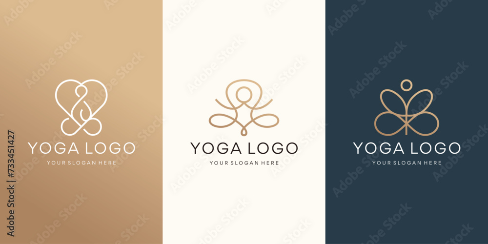 minimalist geometry infinity yoga logo set design. inspiration yoga logo with golden color branding line art style. minimalist geometry infinity yoga logo set design. inspiration yoga logo with golden color branding line art style.