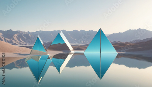 3d render  abstract minimalist geometric background. Surreal landscape with triangular glass shapes and reflection in the water. Futuristic aesthetic wallpaper