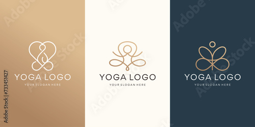 minimalist geometry infinity yoga logo set design. inspiration yoga logo with golden color branding line art style.