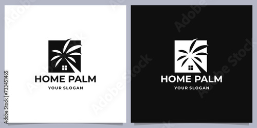 unique palm home logo in negative space design inspiration. luxury palm leaf concept.