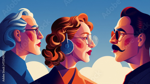 A retro-style illustration of a group of people together photo