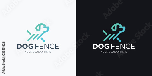minimalist geometry line dog logo design. dog and fence house logo inspiration.