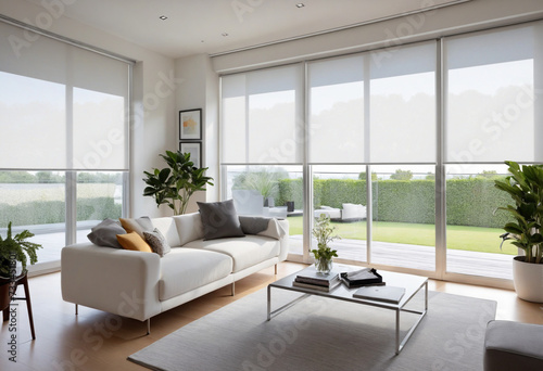 Roller blinds positioned within the indoor space. White roller shades covering the windows within the living area. A houseplant and a couch are present in the room. Motorized curtains integrated into © Random_Mentalist