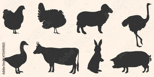 Icon for logo  illustration of farm animals and birds. Silhouette of rabbit  cow  ram  pig  ostrich  turkey  chicken and goose. Vector EPS 10 with grunge texture.