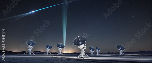 collection Set of Radio telescopes at night with starry nights releasing with hologram hud as wide banner for space research and discovery and futuristic communication concepts  photo
