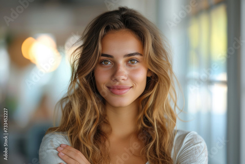Wallpaper Mural smiling young woman, in a stylish yet professional outfit, extends her hand in gratitude to accept a job offer Torontodigital.ca