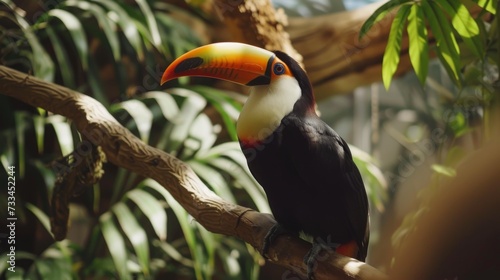 Exotic Toucan with Vibrant Feathers on Tree Branch AI Generated.
