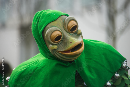 Neuenburg - Germany - 11 february 2024 - Portrait of masked frog people parading in the street