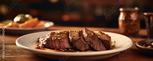 Delicious steak in a plate with sauce on wooden table, generated by ai