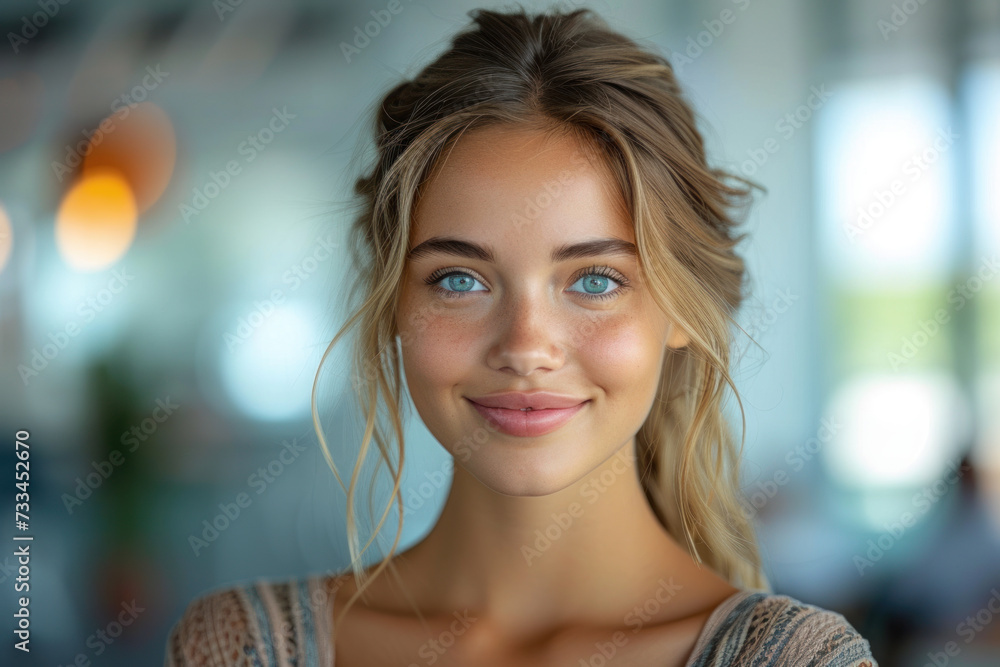 smiling young woman, in a stylish yet professional outfit, extends her hand in gratitude to accept a job offer