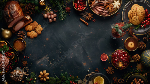 frame from Christmas ham, Roast beef, Eggnog, Sugar cookies, Fruitcake, Mulled wine for Christmas background - AI Generated