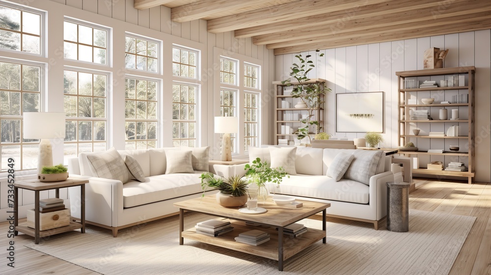 Fototapeta premium Cozy Modern Farmhouse Living Room with Rustic Charm and Contemporary Twist