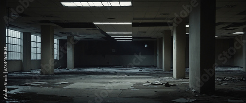 Inside a dark and dim abandoned building or public facility. Dark and dim remains or ruins of a modern building complex. abstract background. 
