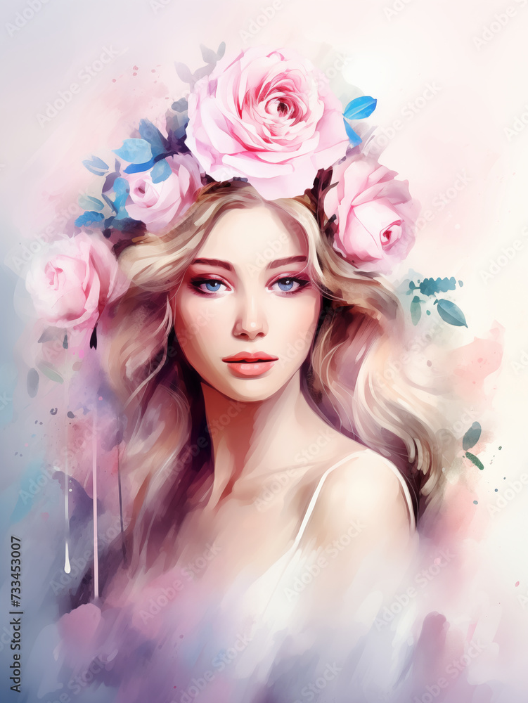 Watercolor portrait of a beautiful woman with flowers in her hair. Style is garden aesthetic. 