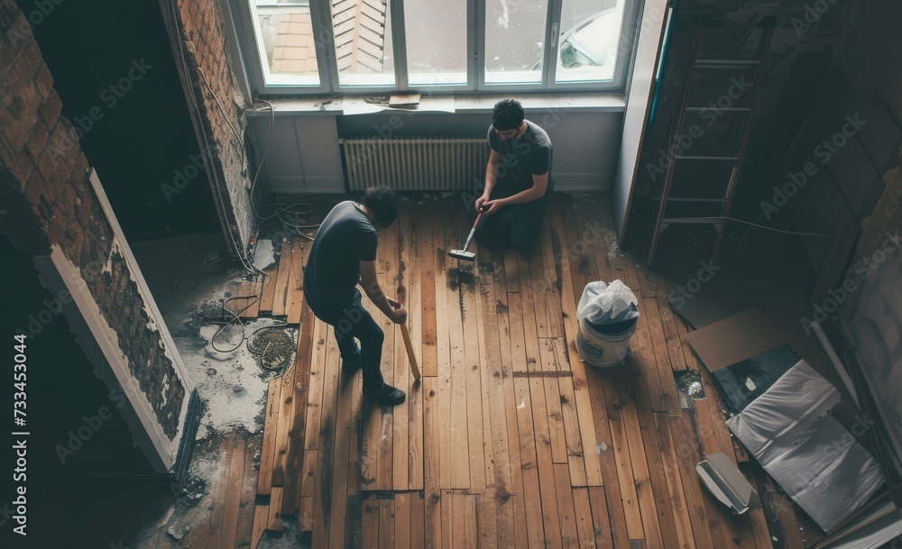 two men mending the wooden floor - obrazy, fototapety, plakaty 