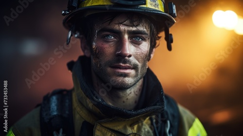 Firefighter wearing a helmet. Portrait. Fireman at work. Generative AI