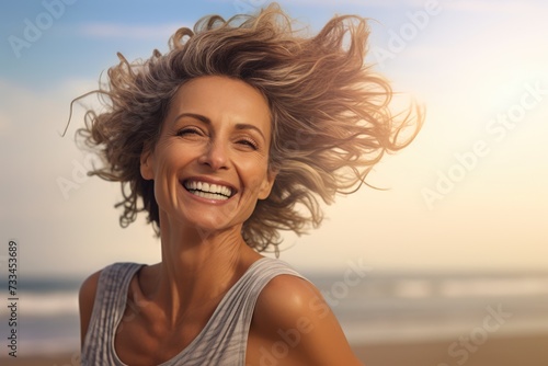 Beautiful happy smiling gray haired woman on the sea beach. AI Generated