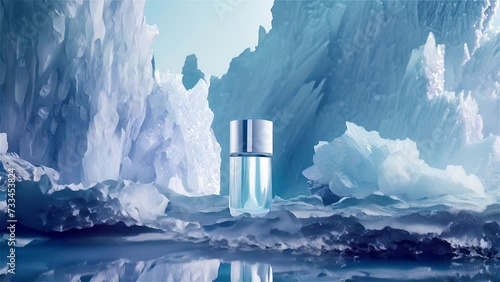 Cosmetic bottle on ice background. photo