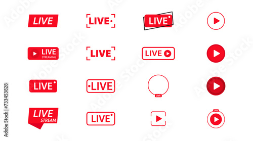 Live streaming different set of icons  on transparent background. Buttons for broadcasting, livestream or online stream. Template for tv, channel, live breaking news, social media, online.