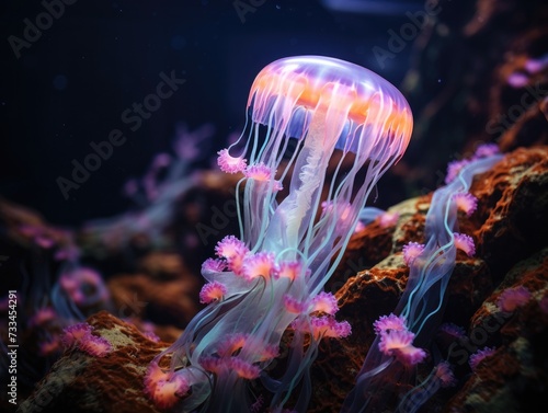 A jellyfish swimming in an aquarium with pink flowers. Generative AI.