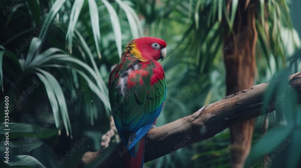 Colorful Parrot on Branch with Lush Green Foliage AI Generated.